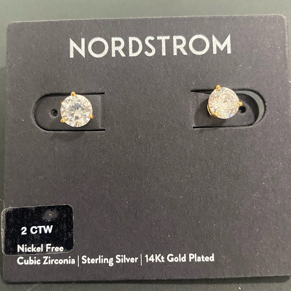 Nordstrom Cubic Zirconia Stud Earrings - 2ct. Gold Plate Setting NWT